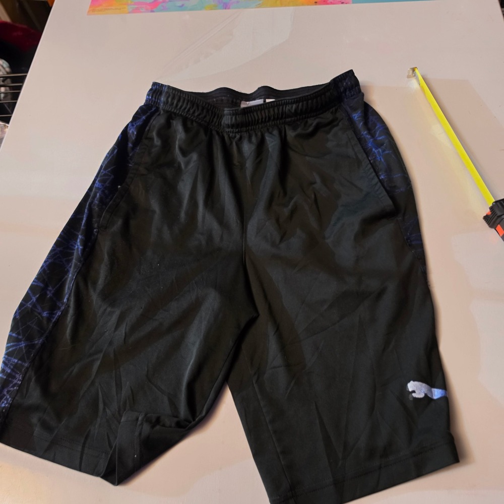 Puma Mens Athletic Shorts Black Blue Graphic Side Panels Size Large